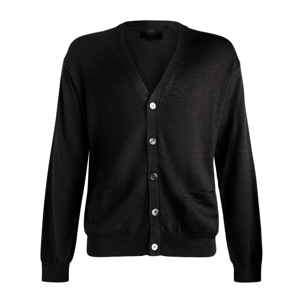 Viyella Merino Wool Button Front Cardigan - Black - XL